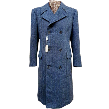 deadstock Late 60s 1930s style Herringbone wool full length mens coat with belted back.